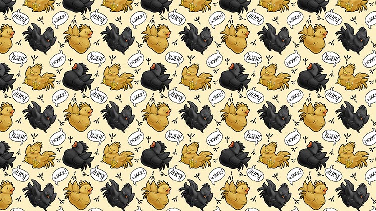 A repeating pattern of yellow and black chocobo chicks saying "kweh!" and "wark!".