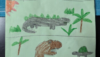 Cover of a dinosaur book with child drawings of several dinosaurs in green, grey, and brown