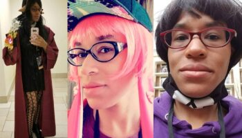 A mashup of images of me dressed like Lup from The Adventure Zone, a pink Splatoon Inkling, and Ichimatsu Matsuno