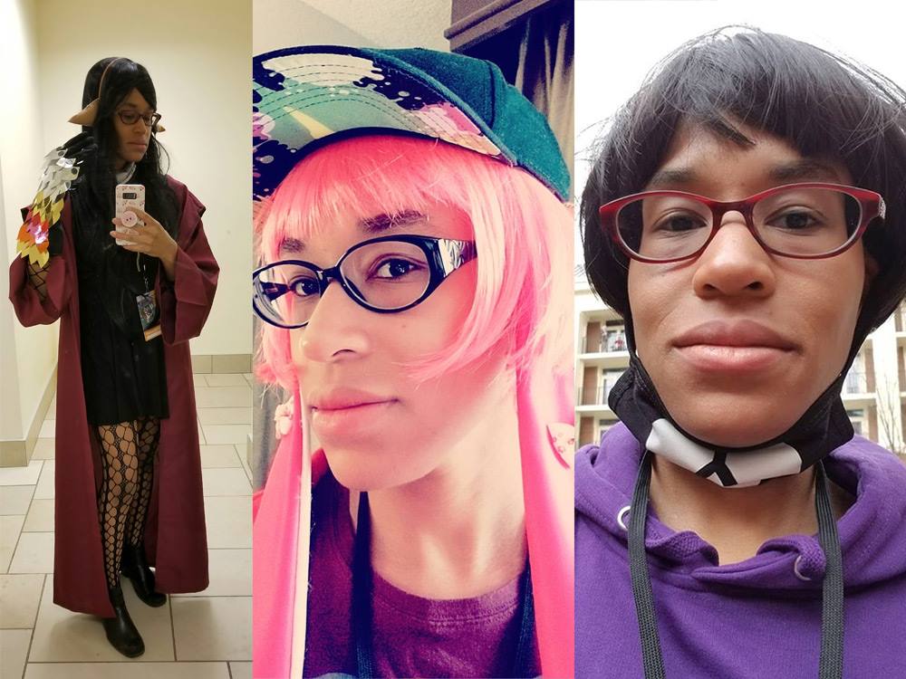 A mashup of images of me dressed like Lup from The Adventure Zone, a pink Splatoon Inkling, and Ichimatsu Matsuno